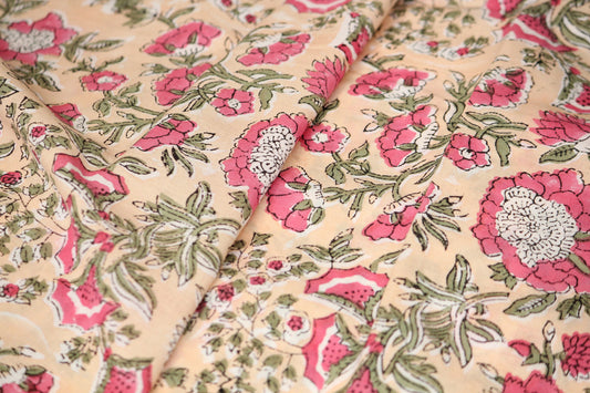 1 yard-Tropical peach with pink rose flowers and green foliage hand printed cotton-hand block print cotton fabric-red pink floral print