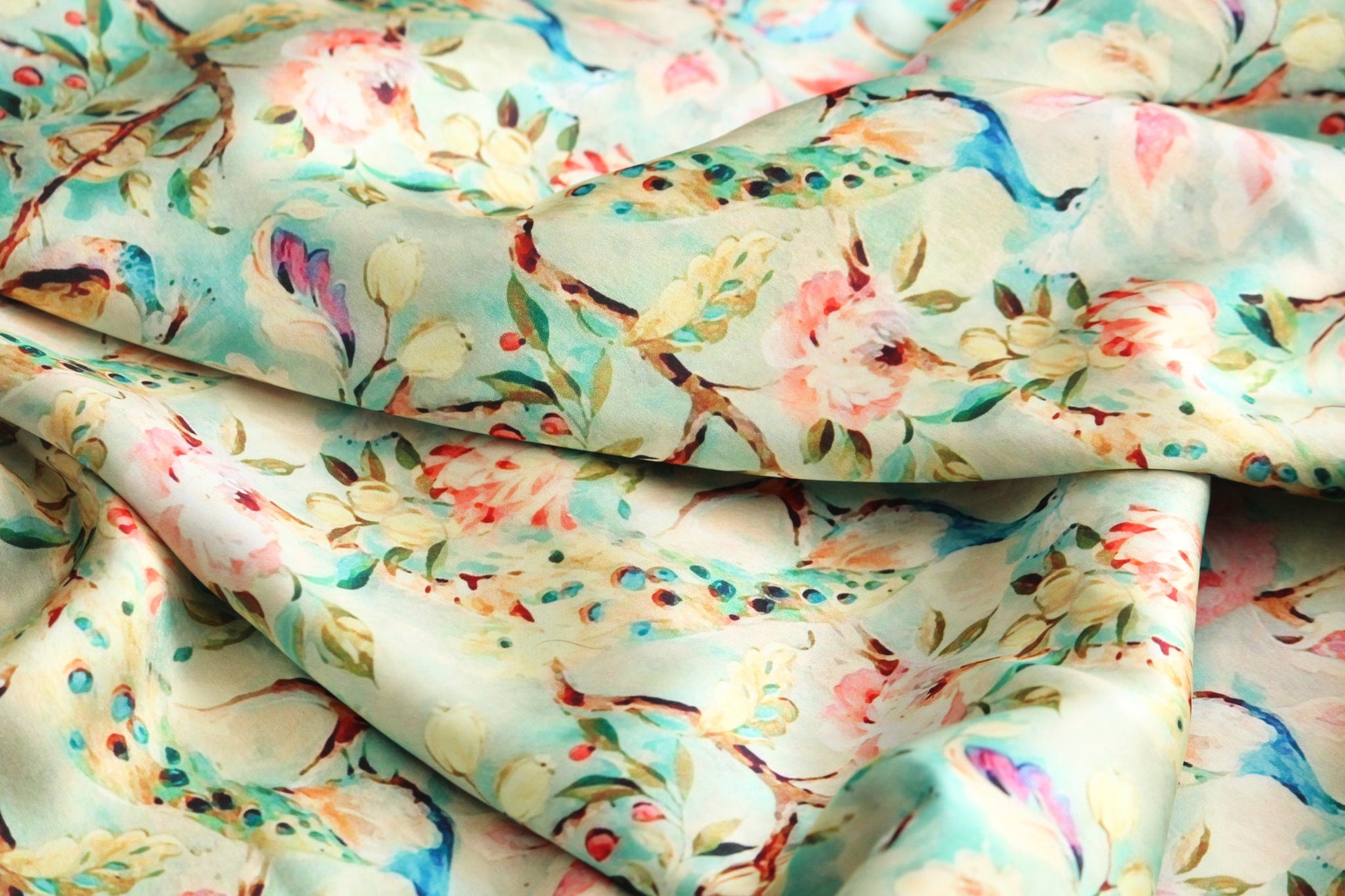 1 yard-Mint pastel green luxurious satin charmeuse fabric by the yard-green, pink, blue, peach dreamy watercolor floral and bird print