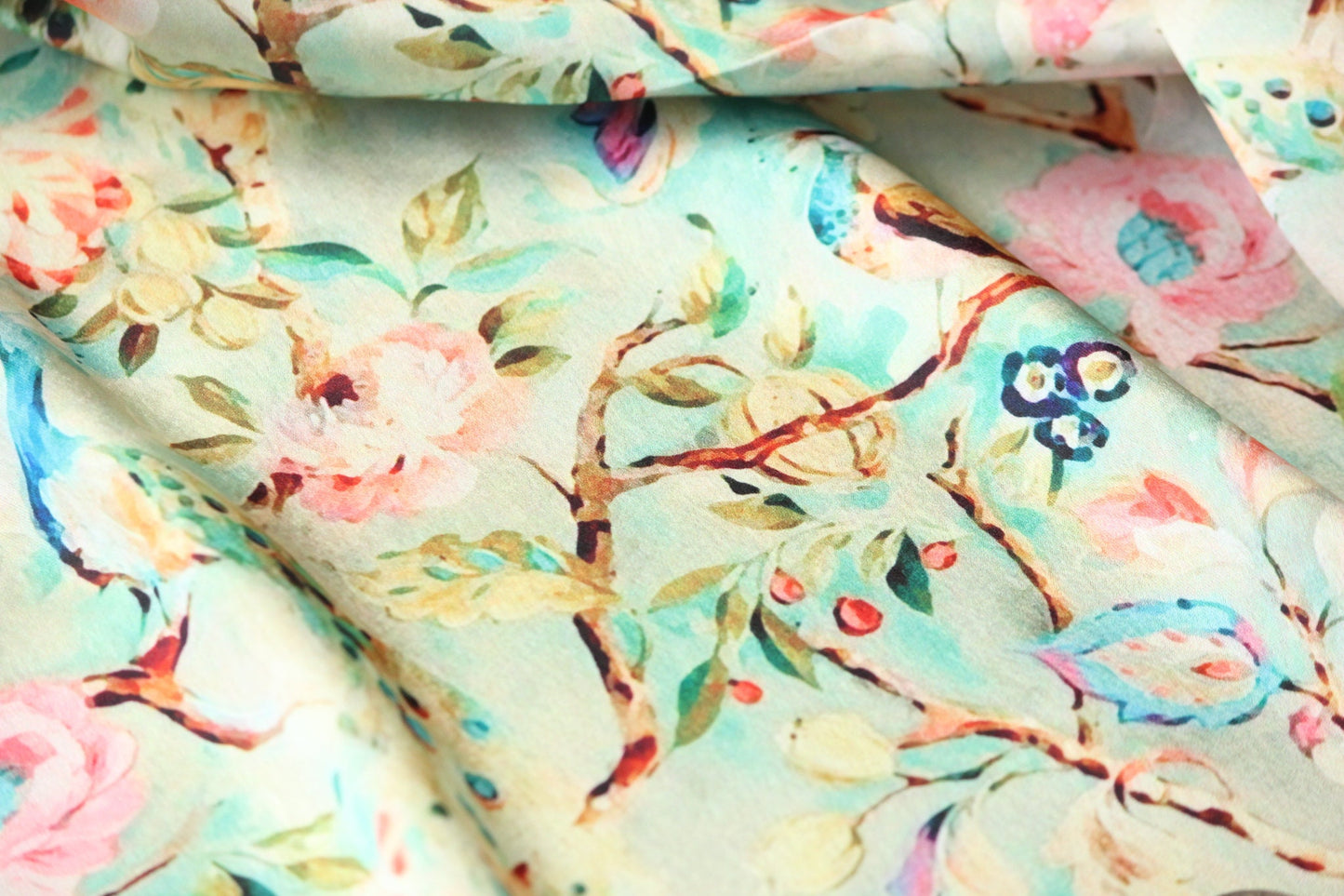 1 yard-Mint pastel green luxurious satin charmeuse fabric by the yard-green, pink, blue, peach dreamy watercolor floral and bird print