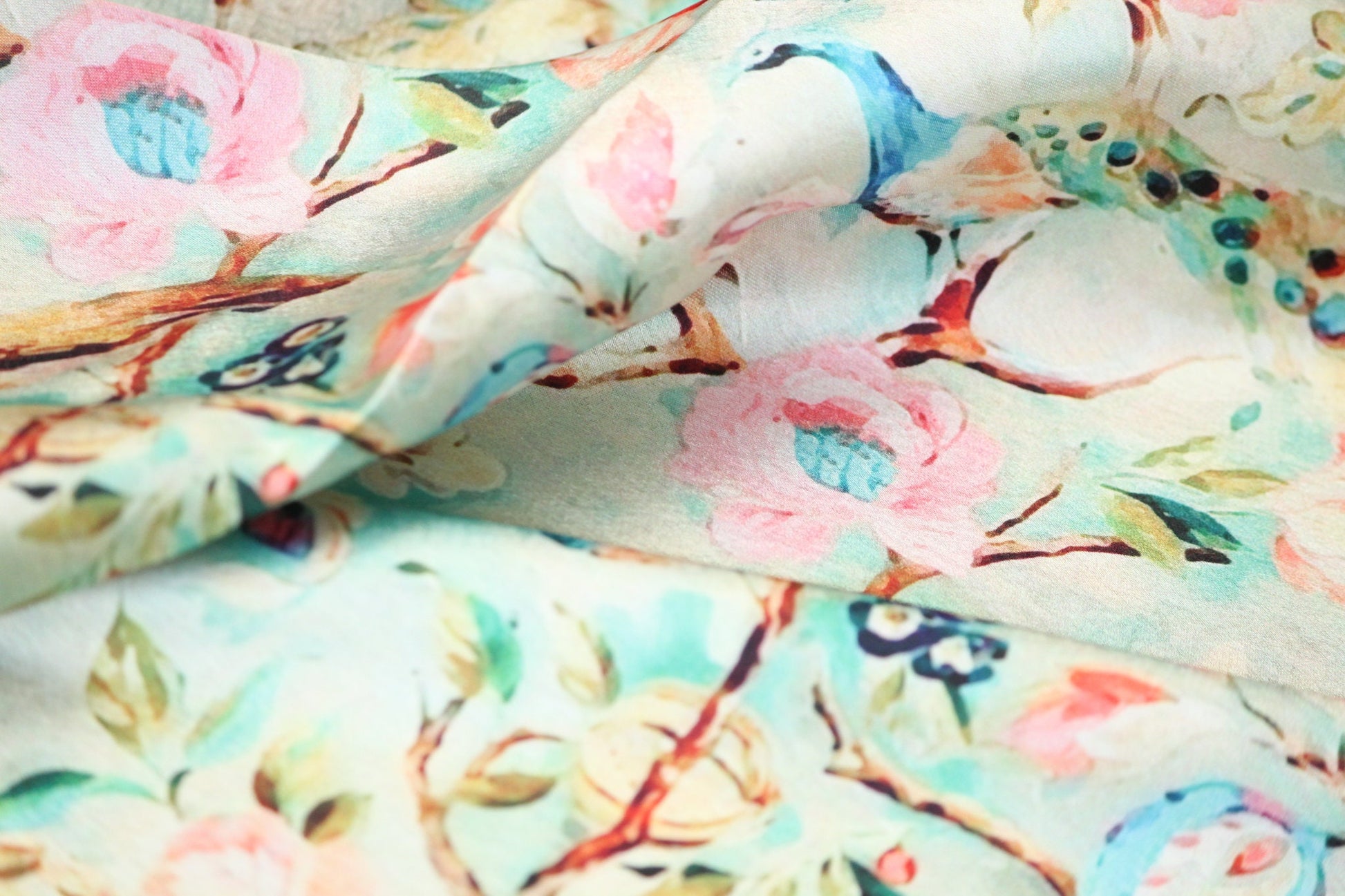 1 yard-Mint pastel green luxurious satin charmeuse fabric by the yard-green, pink, blue, peach dreamy watercolor floral and bird print