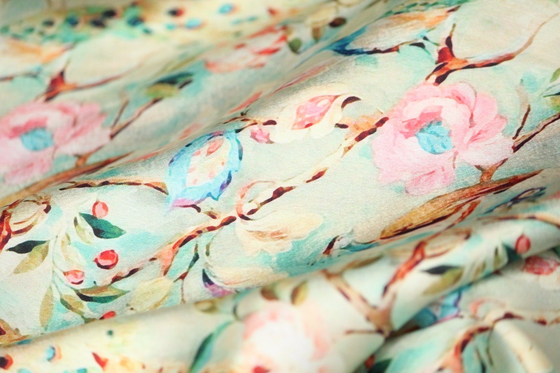 1 yard-Mint pastel green luxurious satin charmeuse fabric by the yard-green, pink, blue, peach dreamy watercolor floral and bird print