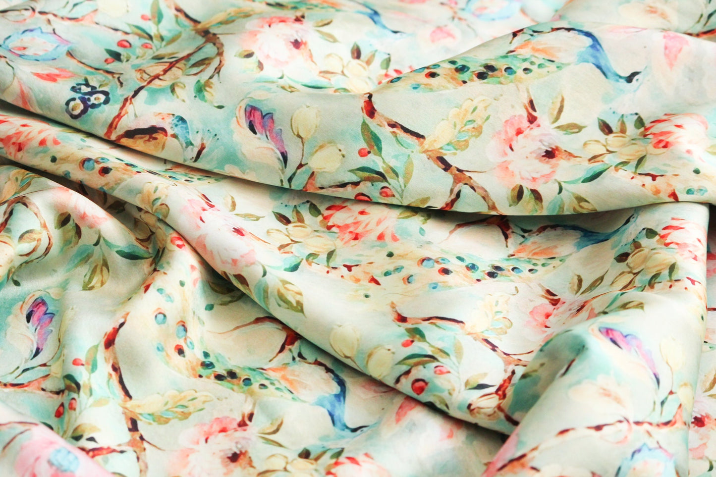 1 yard-Mint pastel green luxurious satin charmeuse fabric by the yard-green, pink, blue, peach dreamy watercolor floral and bird print