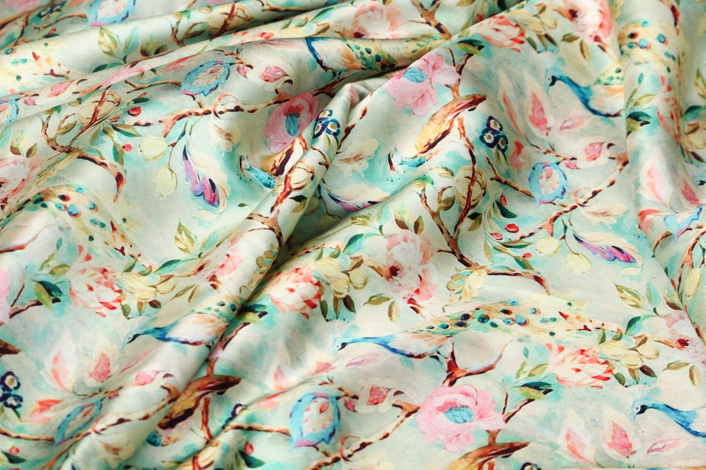 1 yard-Mint pastel green luxurious satin charmeuse fabric by the yard-green, pink, blue, peach dreamy watercolor floral and bird print