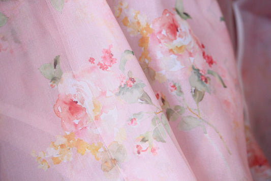 1 yard-Peach pink organza fabric by the yard-Bright watercolor look floral printed organza fabric-floral fabric-print Red roses-sheer fabric