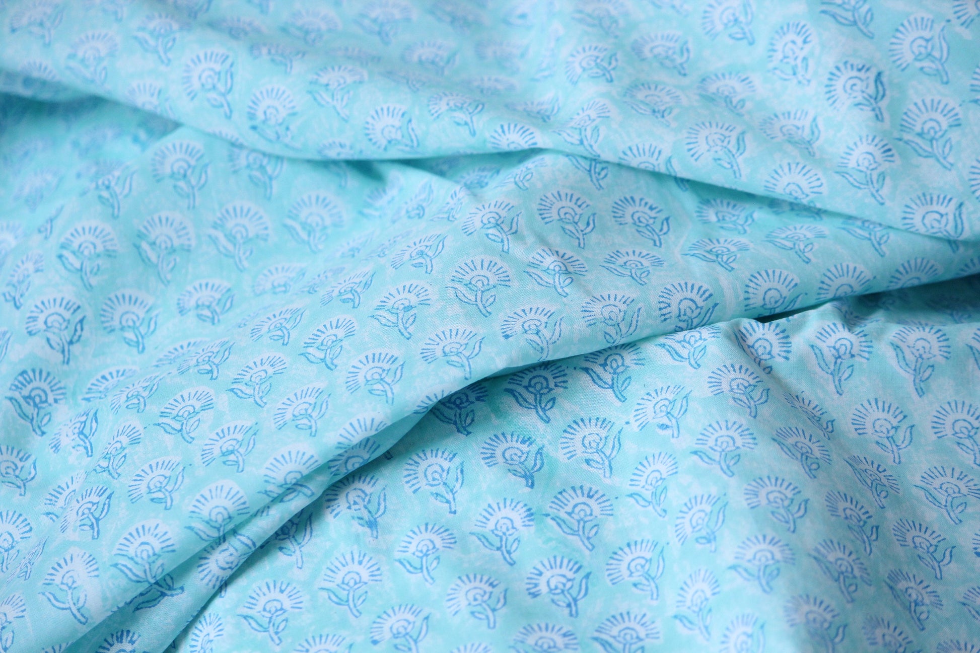 1 yard- Aqua blue ditsy print hand block printed cotton fabric by the yard-Sea blue cotton fabric- turquoise blue hand printed cotton