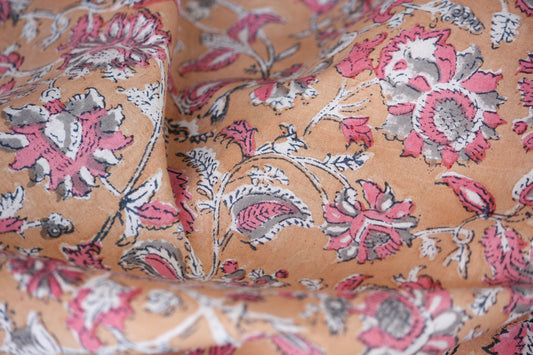 1 yard-Ochre orange with rose pink floral hand block printed cotton fabric by the yard-brown orange natural flower printed fabric