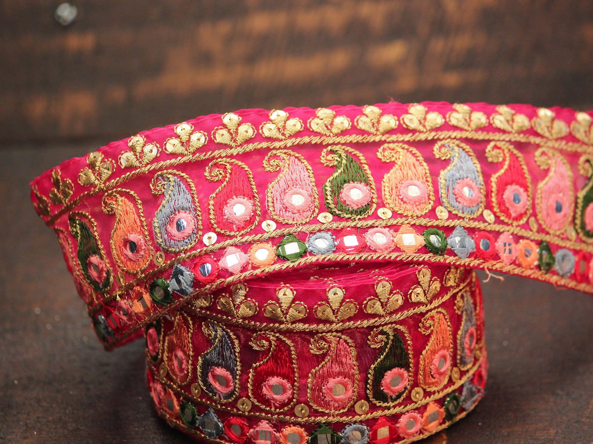 1 yard-  Bright Red Pink multicolored embroidery ribbon-woven Indian ribbon-bouquet ribbon-bridal ribbon- gift wrap- wedding ribbon