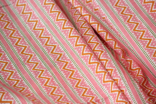1 yard-Peach pink chevron print striped fabric- printed cotton fabric geometric- candy pink yellow and off white zigzag print