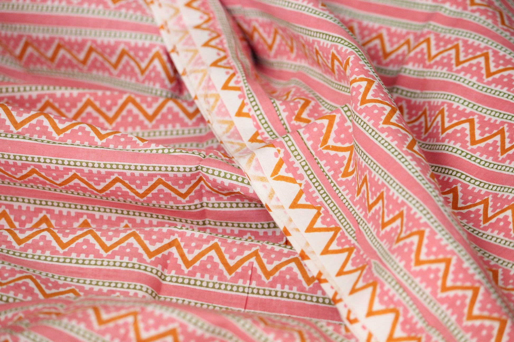 1 yard-Peach pink chevron print striped fabric- printed cotton fabric geometric- candy pink yellow and off white zigzag print