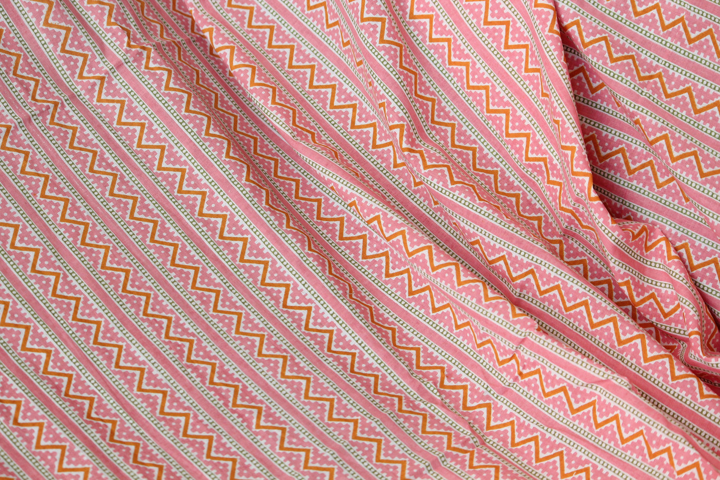 1 yard-Peach pink chevron print striped fabric- printed cotton fabric geometric- candy pink yellow and off white zigzag print