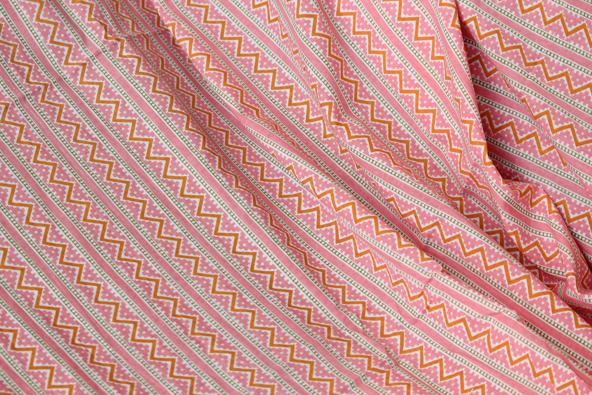 1 yard-Peach pink chevron print striped fabric- printed cotton fabric geometric- candy pink yellow and off white zigzag print