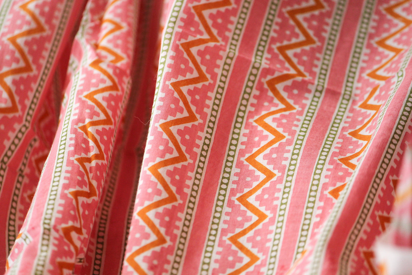 1 yard-Peach pink chevron print striped fabric- printed cotton fabric geometric- candy pink yellow and off white zigzag print