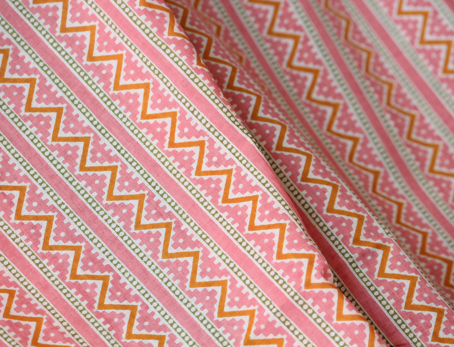 1 yard-Peach pink chevron print striped fabric- printed cotton fabric geometric- candy pink yellow and off white zigzag print