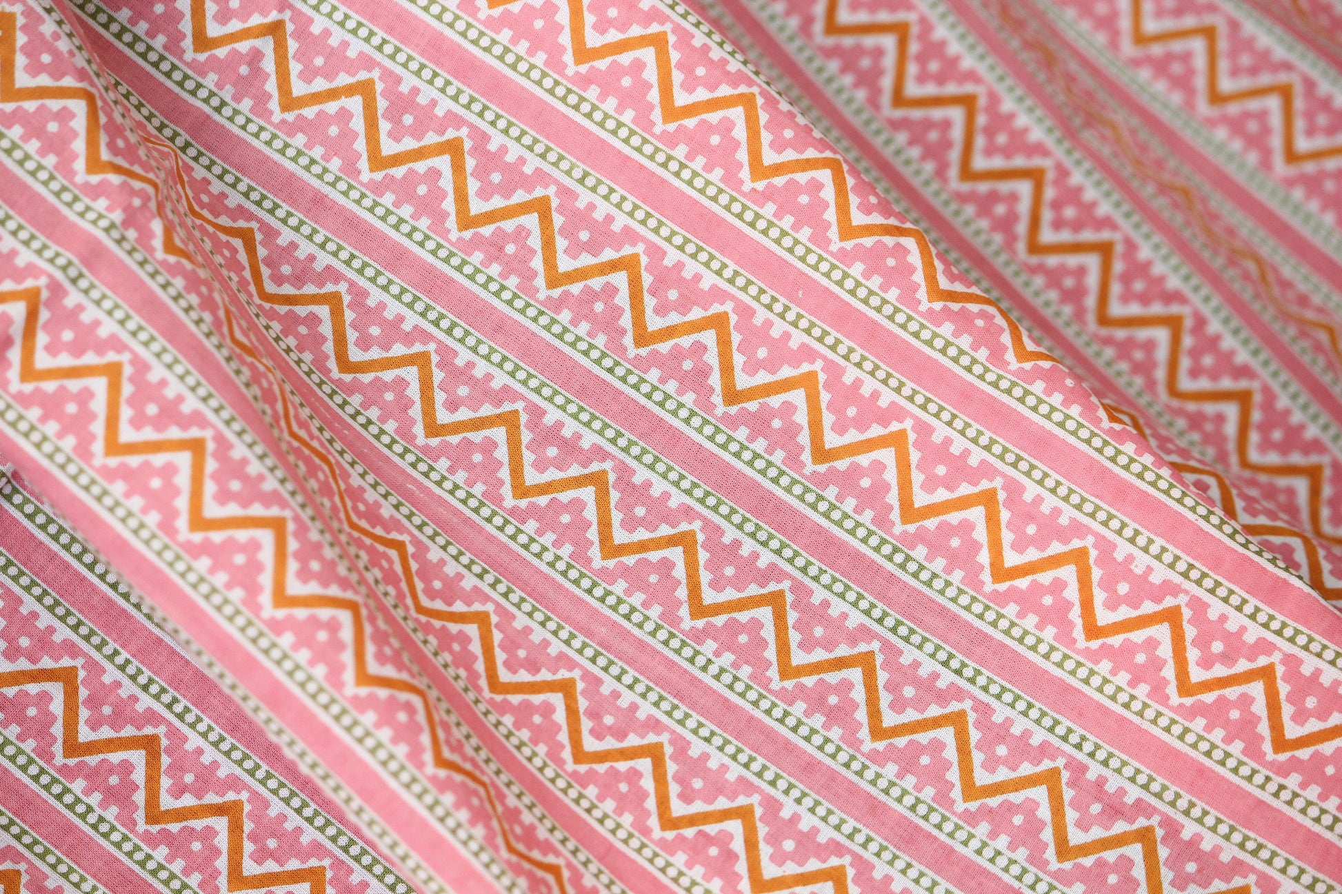 1 yard-Peach pink chevron print striped fabric- printed cotton fabric geometric- candy pink yellow and off white zigzag print