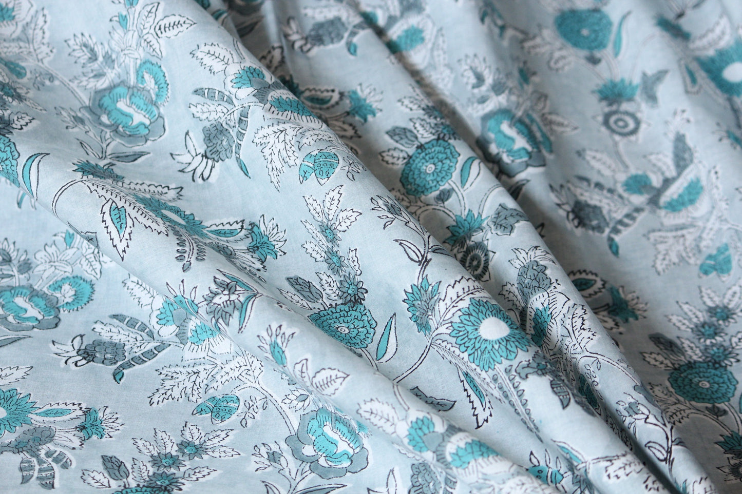 1 yard-Floral green cotton monotone print with dark green flowers and off-white  and grey foliage hand block printed fabric