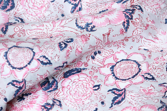 1 yard-Grey with Red pink and blue hand printed cotton fabric by the yard-hand block print floral fabric-Pink blue white flowers