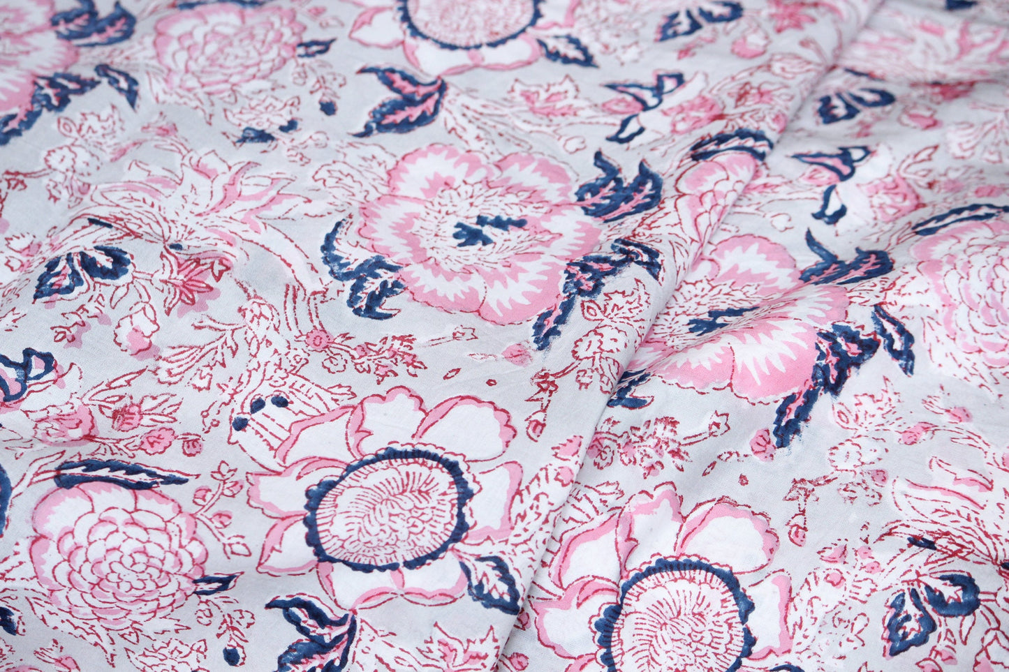 1 yard-Grey with Red pink and blue hand printed cotton fabric by the yard-hand block print floral fabric-Pink blue white flowers