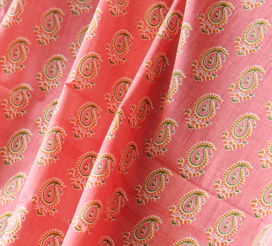 1 yard-Peach pink paisley print cotton fabric- mango motif fabric- candy pink yellow and off white print
