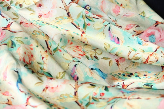 1 yard-Mint pastel green luxurious satin charmeuse fabric by the yard-green, pink, blue, peach dreamy watercolor floral and bird print