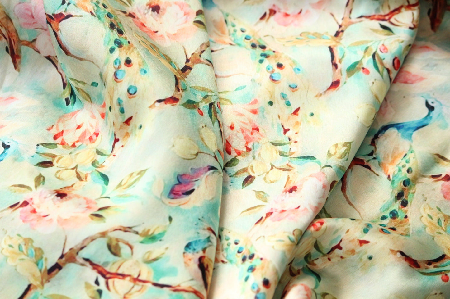 1 yard-Mint pastel green luxurious satin charmeuse fabric by the yard-green, pink, blue, peach dreamy watercolor floral and bird print