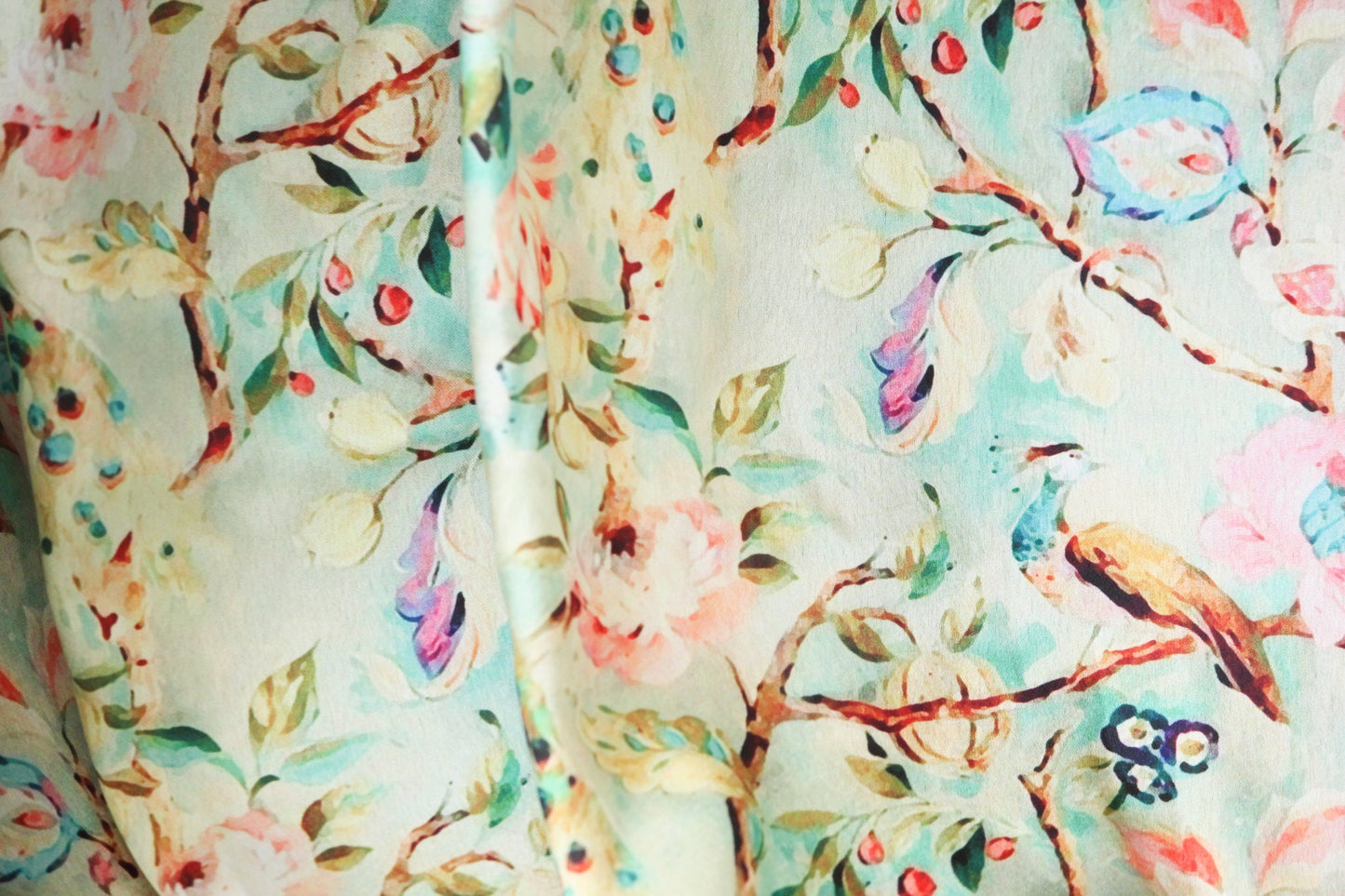 1 yard-Mint pastel green luxurious satin charmeuse fabric by the yard-green, pink, blue, peach dreamy watercolor floral and bird print