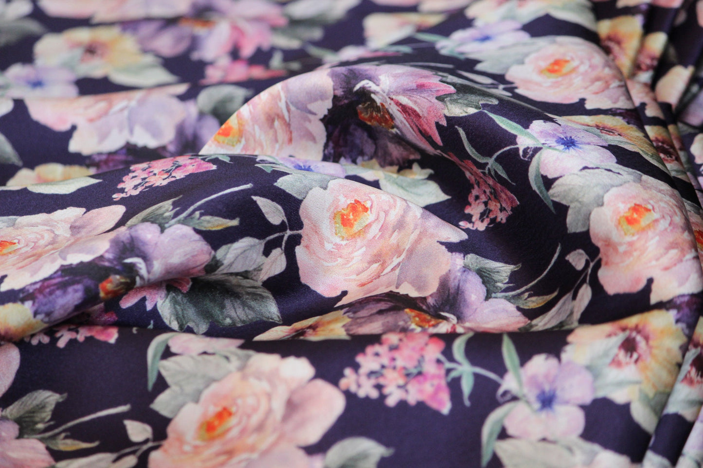 1 yard-Plum purple luxe satin charmeuse fabric by the yard-purple, black, ivory, blush and pink watercolor floral print