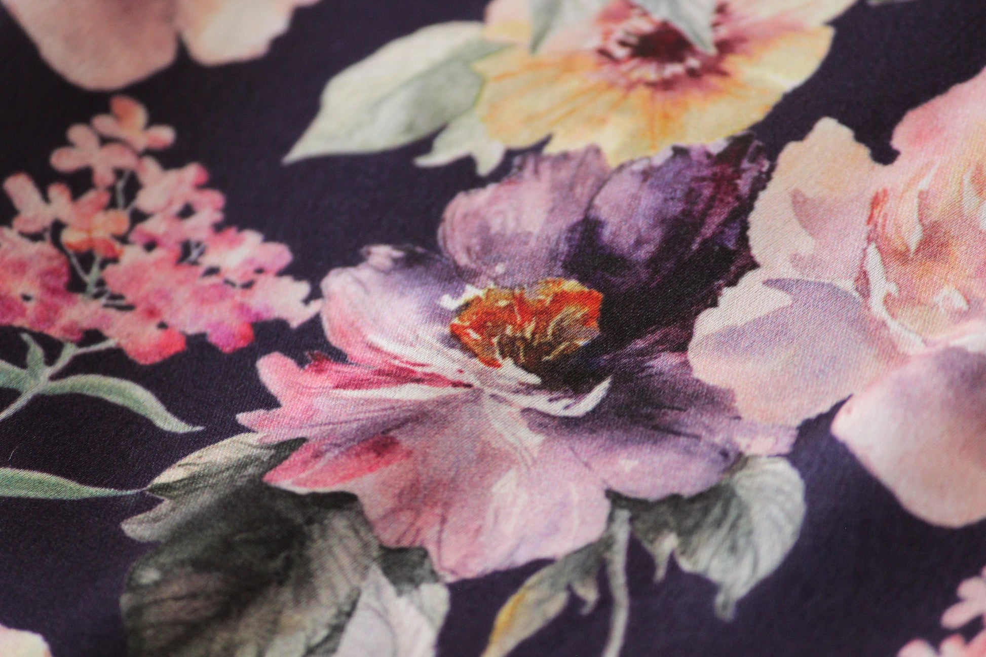 1 yard-Plum purple luxe satin charmeuse fabric by the yard-purple, black, ivory, blush and pink watercolor floral print