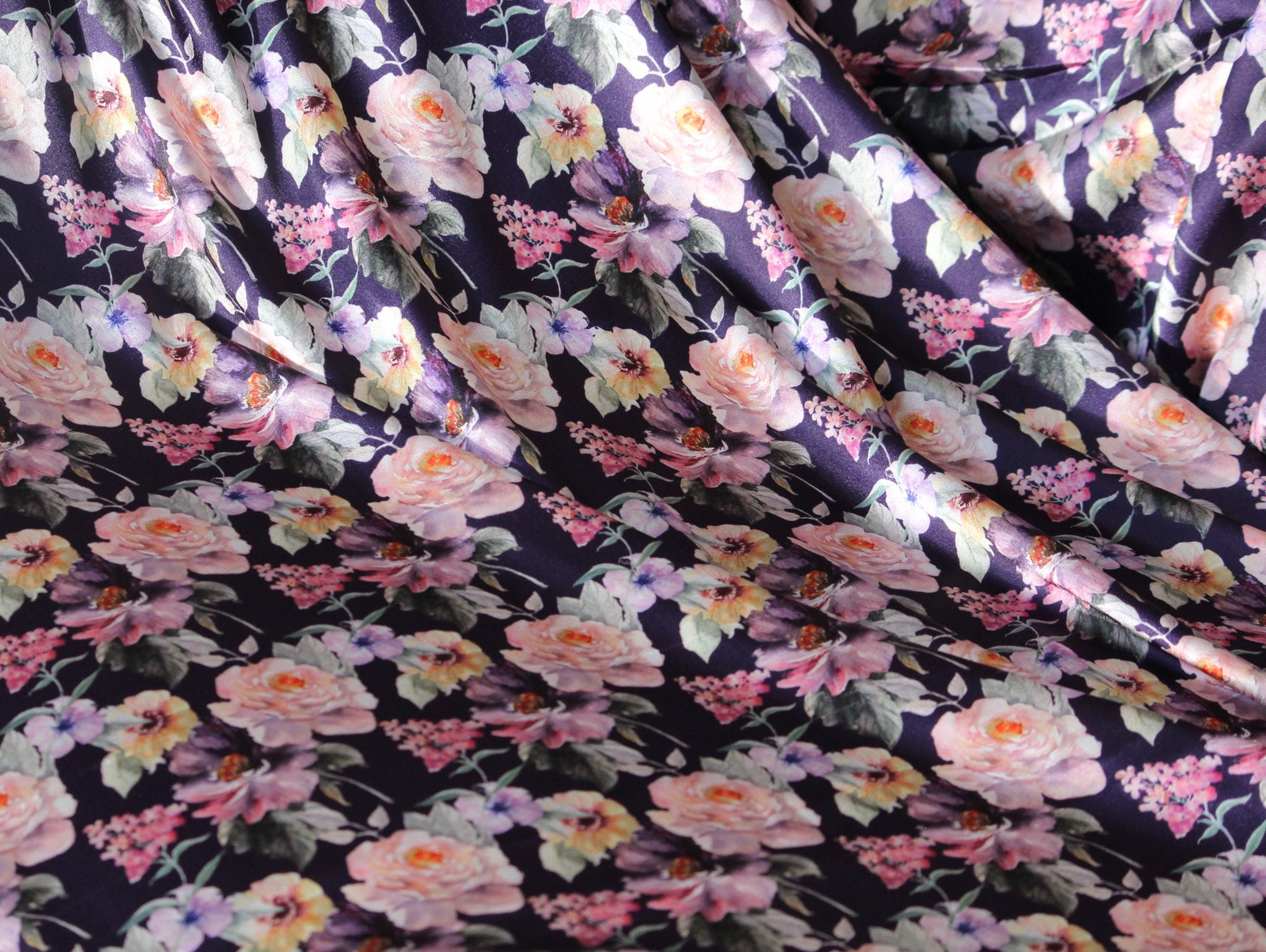 1 yard-Plum purple luxe satin charmeuse fabric by the yard-purple, black, ivory, blush and pink watercolor floral print