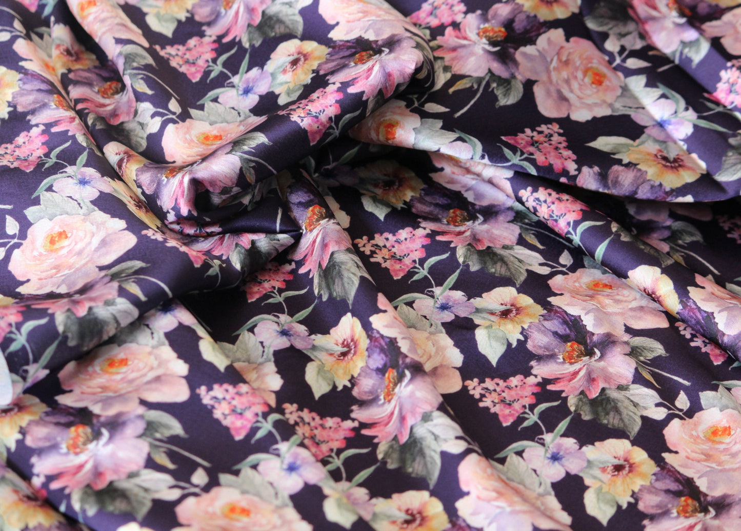 1 yard-Plum purple luxe satin charmeuse fabric by the yard-purple, black, ivory, blush and pink watercolor floral print