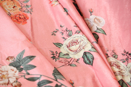 1 yard-Candy pink velvet with light orange yellow and cream roses printed velvet fabric-floral print orange roses on bright pink fabric