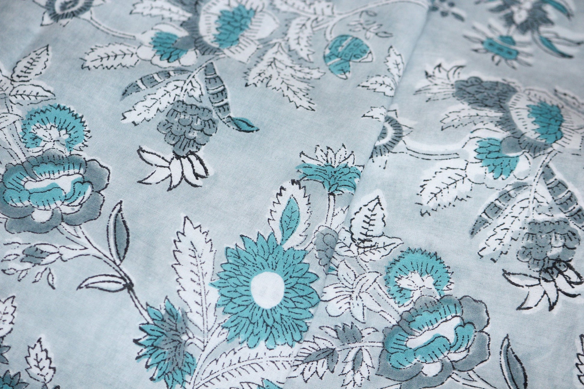 1 yard-Floral green cotton monotone print with dark green flowers and off-white  and grey foliage hand block printed fabric