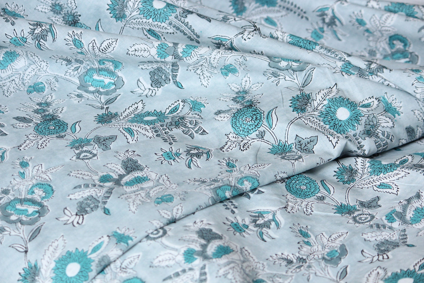 1 yard-Floral green cotton monotone print with dark green flowers and off-white  and grey foliage hand block printed fabric