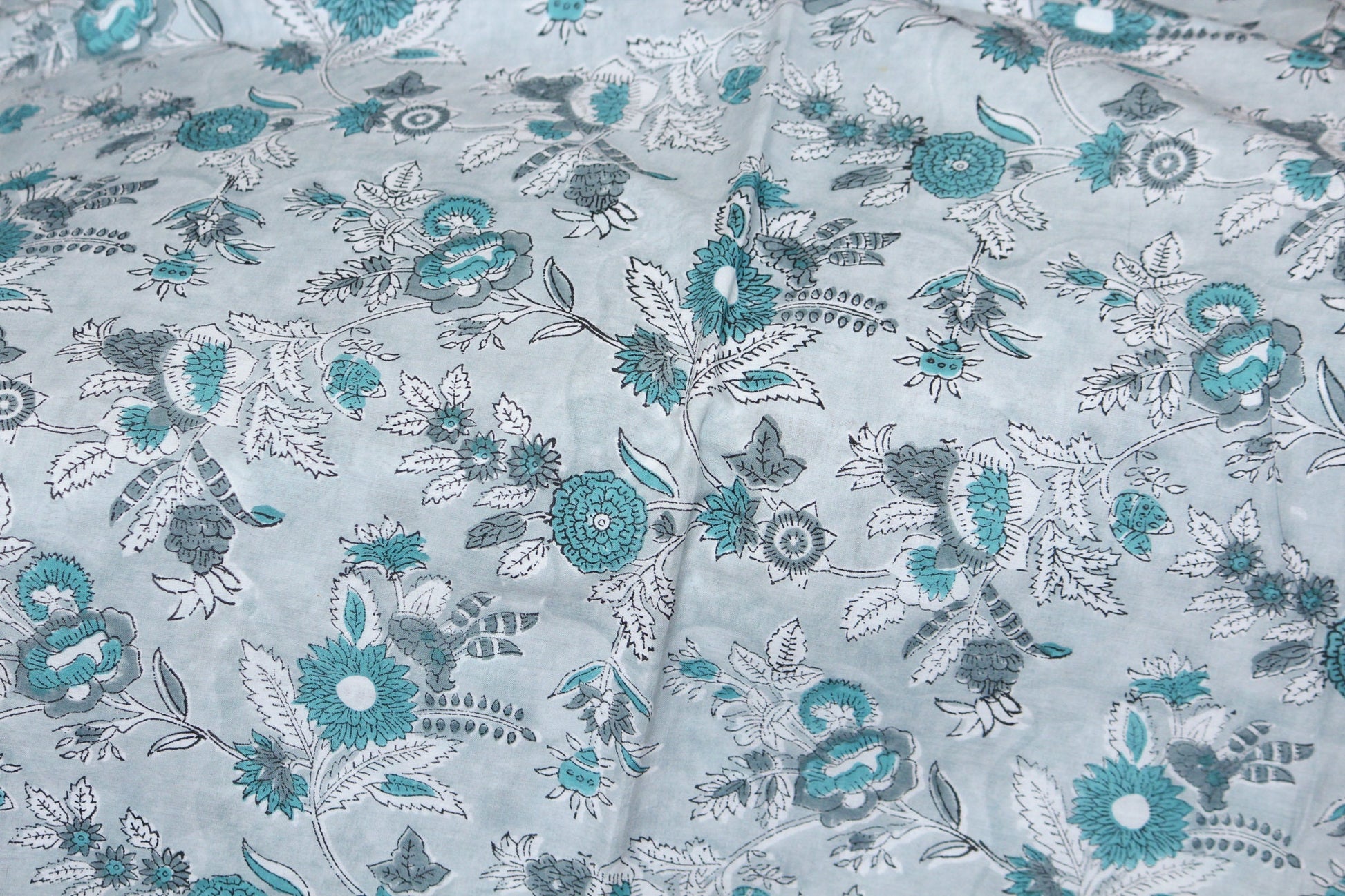 1 yard-Floral green cotton monotone print with dark green flowers and off-white  and grey foliage hand block printed fabric