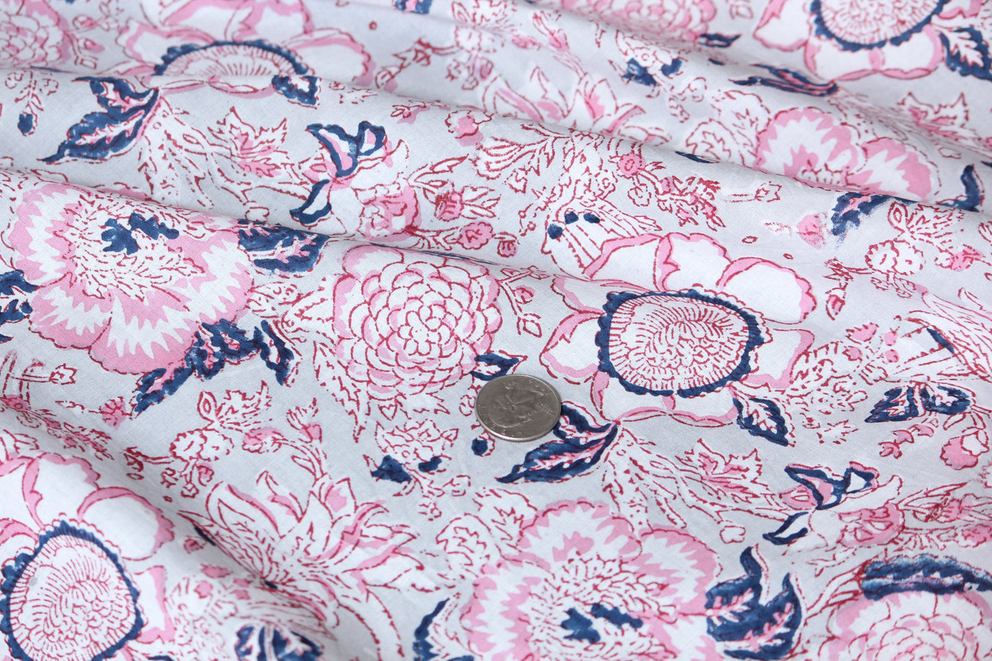 1 yard-Grey with Red pink and blue hand printed cotton fabric by the yard-hand block print floral fabric-Pink blue white flowers