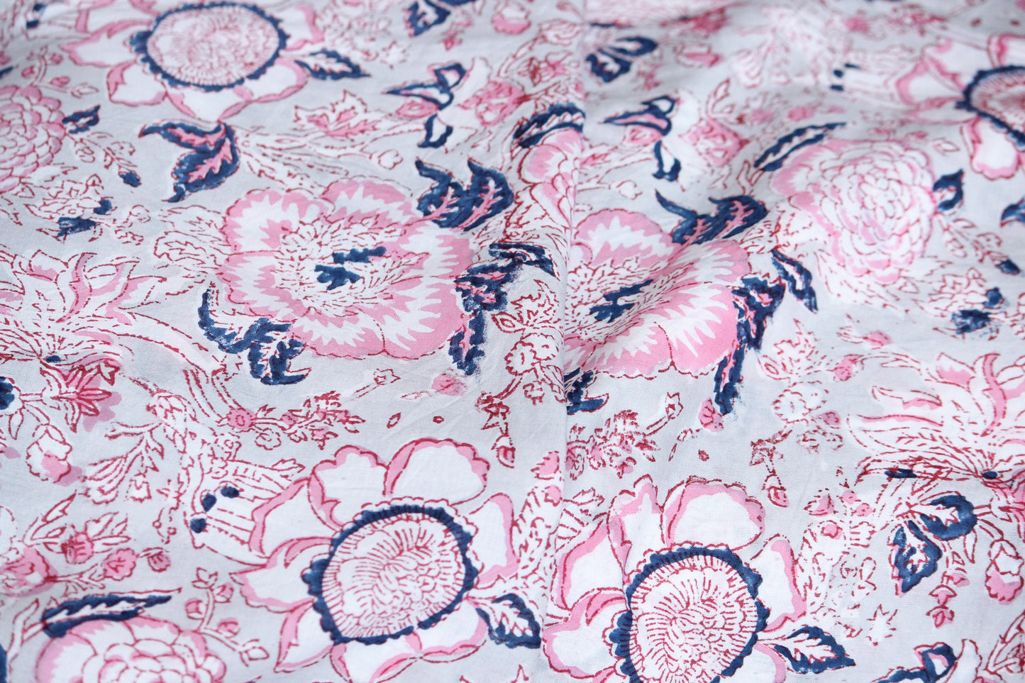 1 yard-Grey with Red pink and blue hand printed cotton fabric by the yard-hand block print floral fabric-Pink blue white flowers