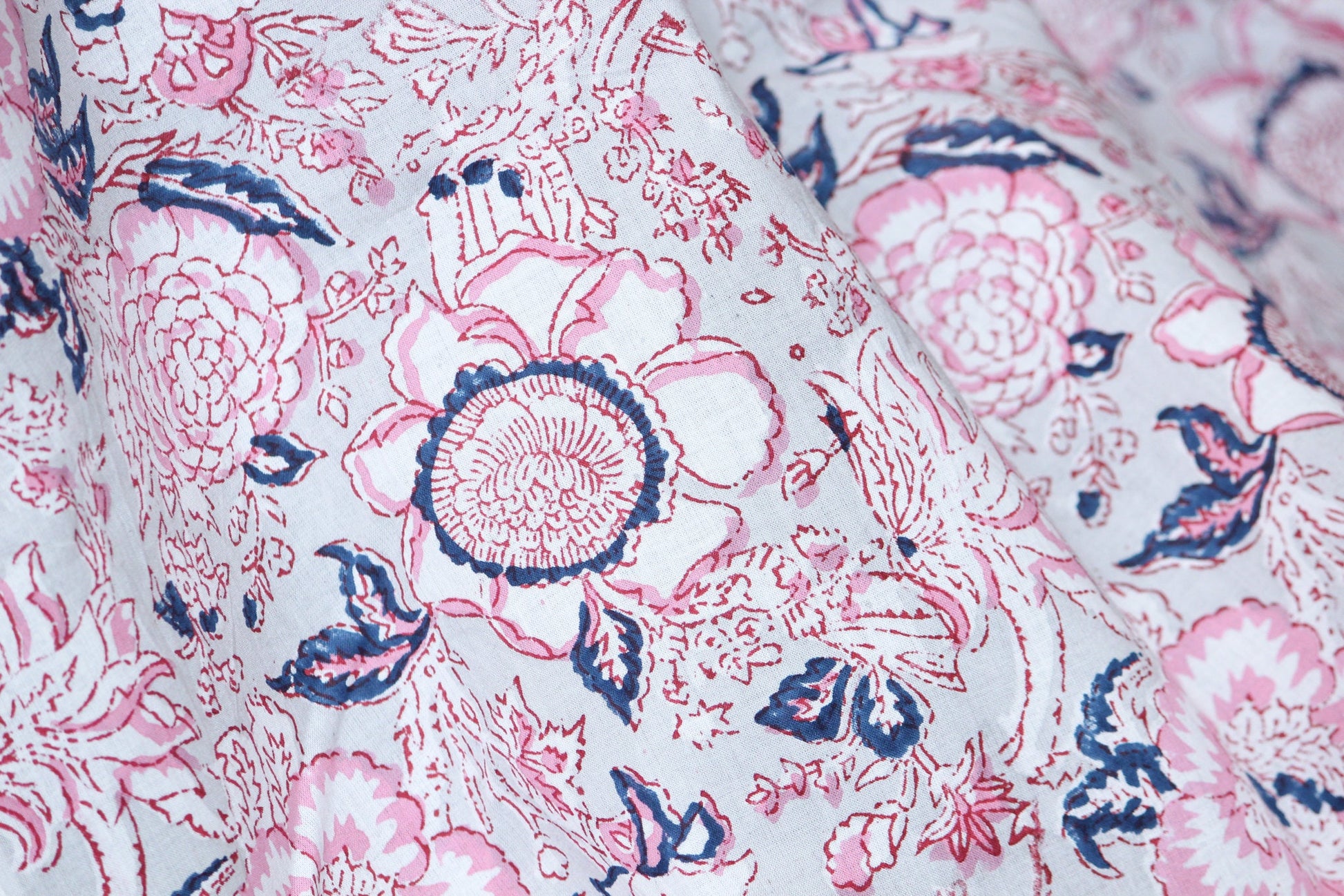 1 yard-Grey with Red pink and blue hand printed cotton fabric by the yard-hand block print floral fabric-Pink blue white flowers