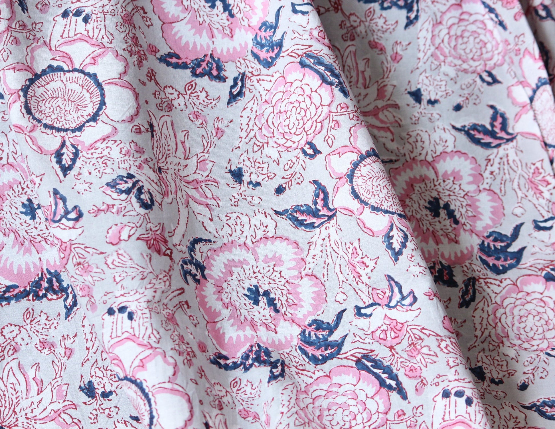 1 yard-Grey with Red pink and blue hand printed cotton fabric by the yard-hand block print floral fabric-Pink blue white flowers