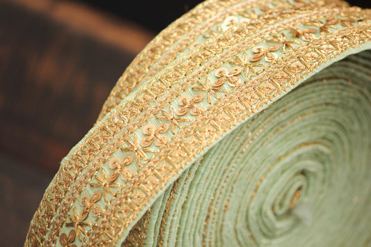 1 yard- mint green pastel embroidery ribbon-woven Indian embroidery ribbon-bouquet ribbon-mint green wedding- gift wrap- wedding ribbon