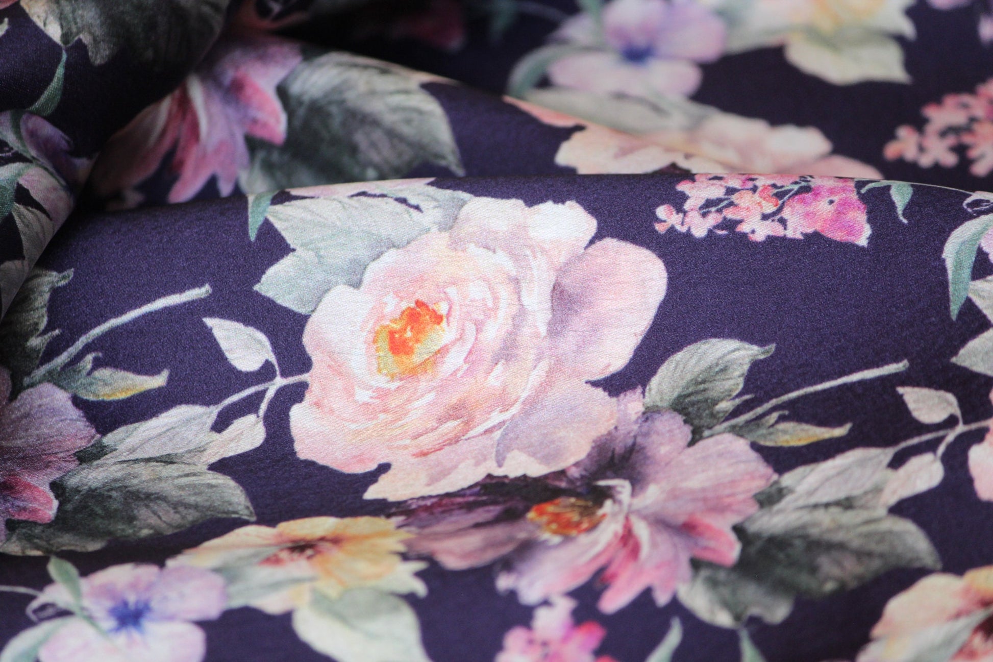 1 yard-Plum purple luxe satin charmeuse fabric by the yard-purple, black, ivory, blush and pink watercolor floral print