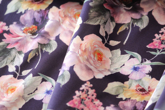 1 yard-Plum purple luxe satin charmeuse fabric by the yard-purple, black, ivory, blush and pink watercolor floral print