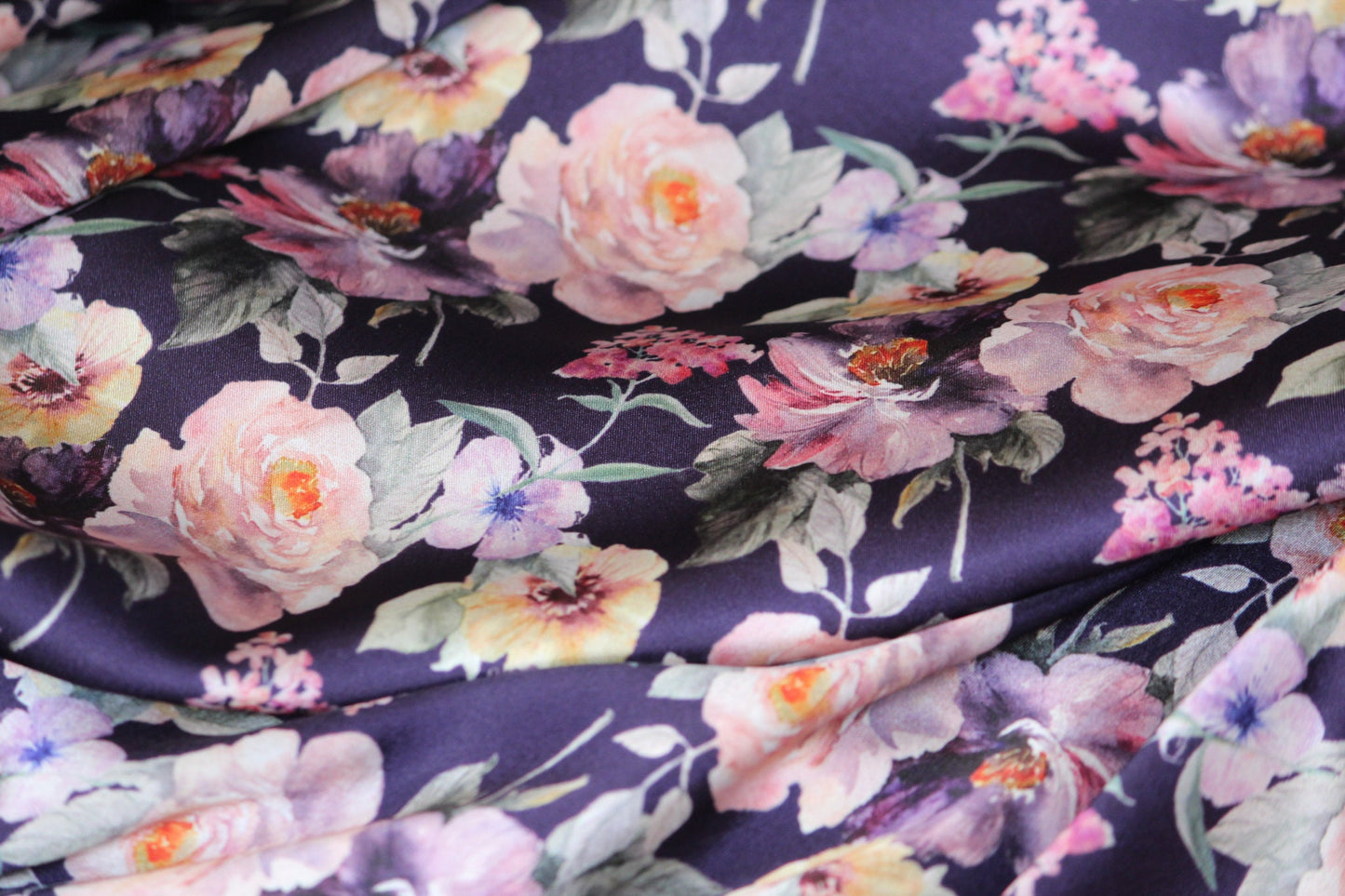 1 yard-Plum purple luxe satin charmeuse fabric by the yard-purple, black, ivory, blush and pink watercolor floral print