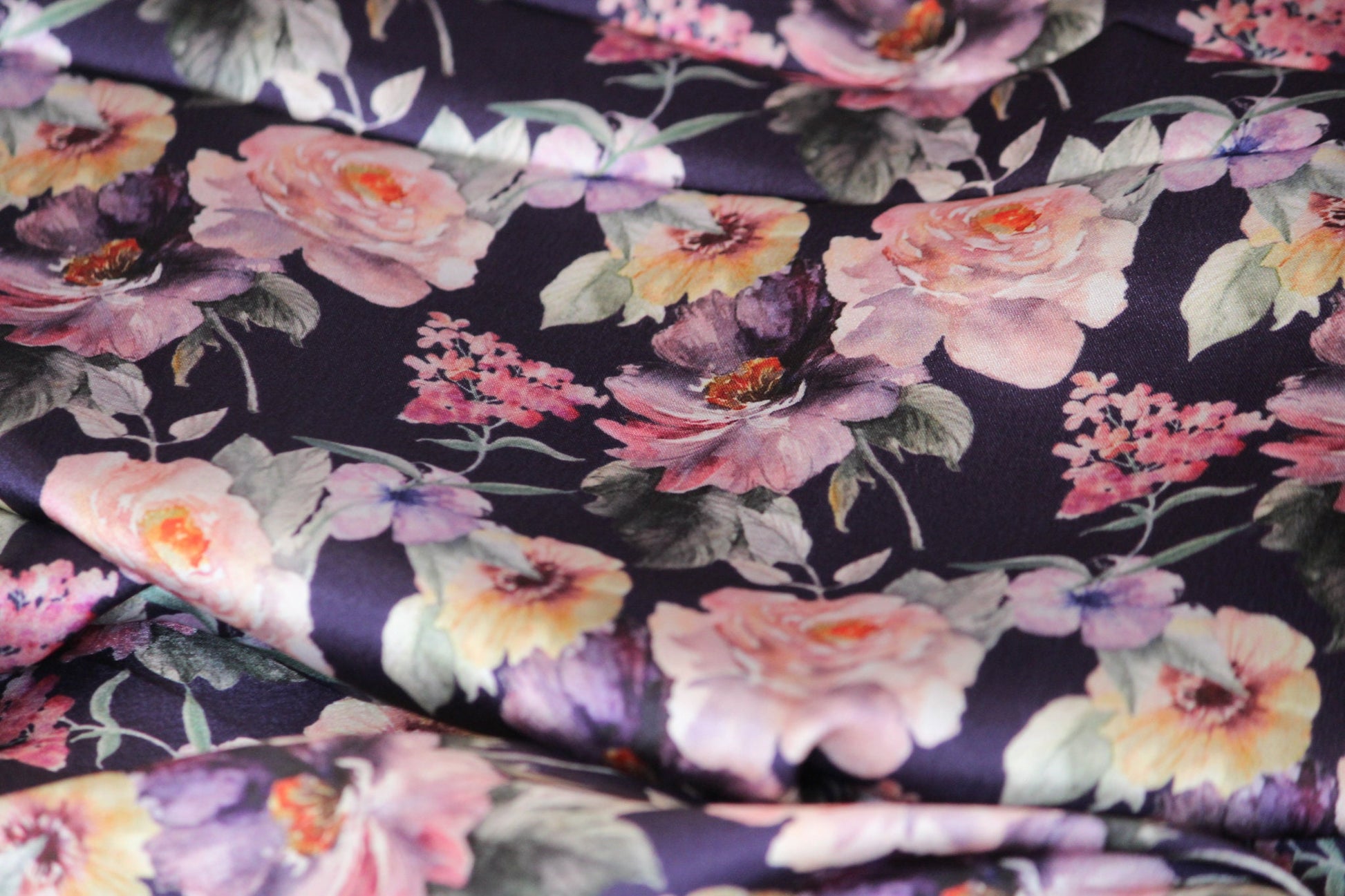 1 yard-Plum purple luxe satin charmeuse fabric by the yard-purple, black, ivory, blush and pink watercolor floral print