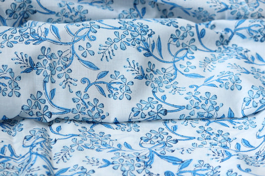 1 yard-Blue monotone floral cotton hand printed fabric-blue floral motifs on white cotton fabric-decor cotton-girls cotton print