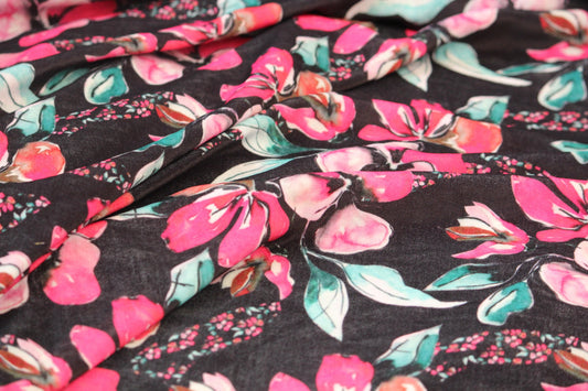 1 yard-Black floral velvet print fabric-hot pink, turquoise, green, orange watercolor flower print- bridal luxe robe fabric