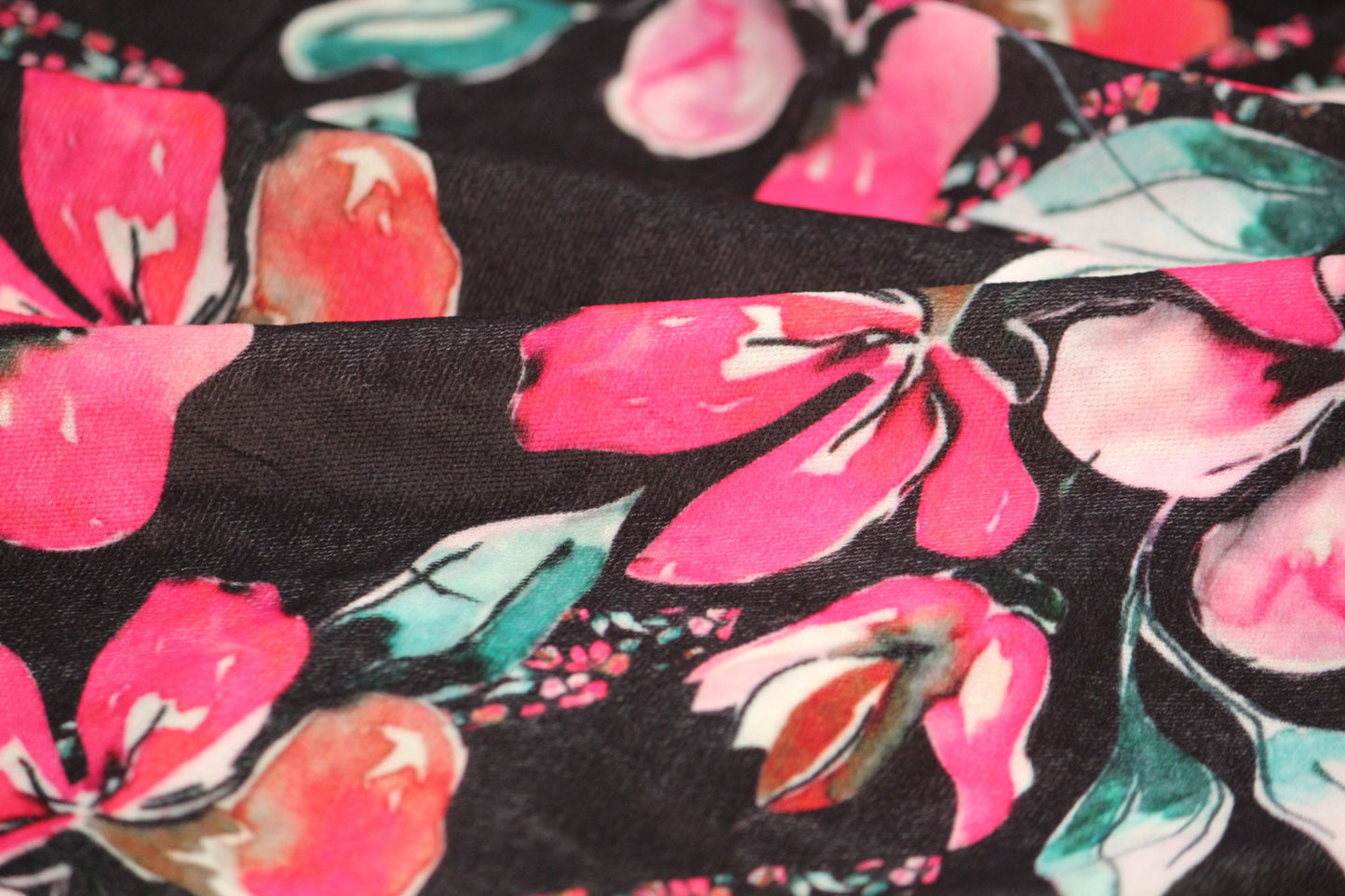 1 yard-Black floral velvet print fabric-hot pink, turquoise, green, orange watercolor flower print- bridal luxe robe fabric