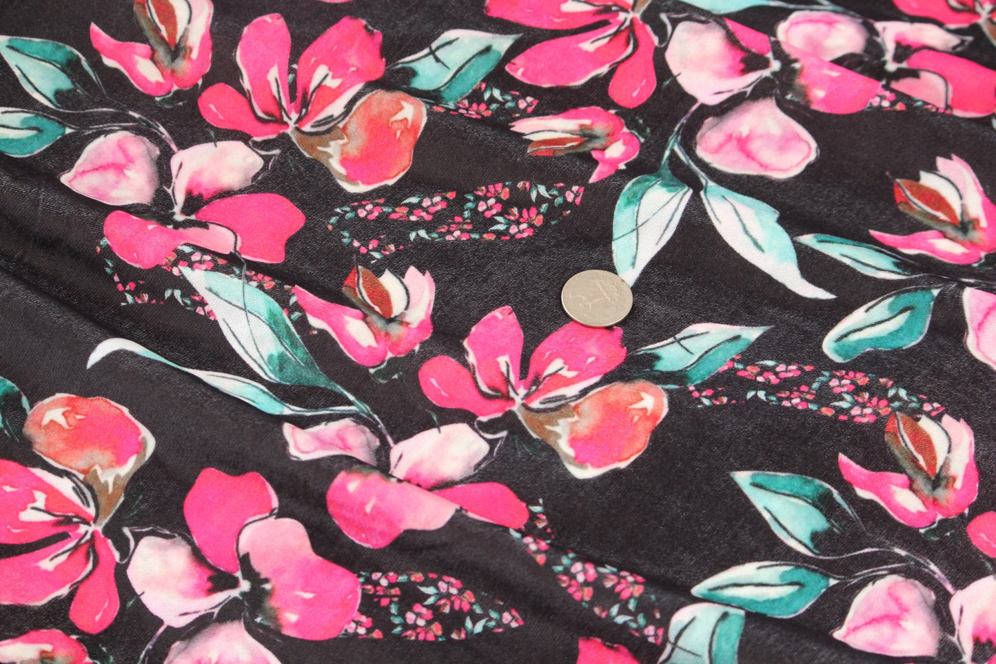 1 yard-Black floral velvet print fabric-hot pink, turquoise, green, orange watercolor flower print- bridal luxe robe fabric