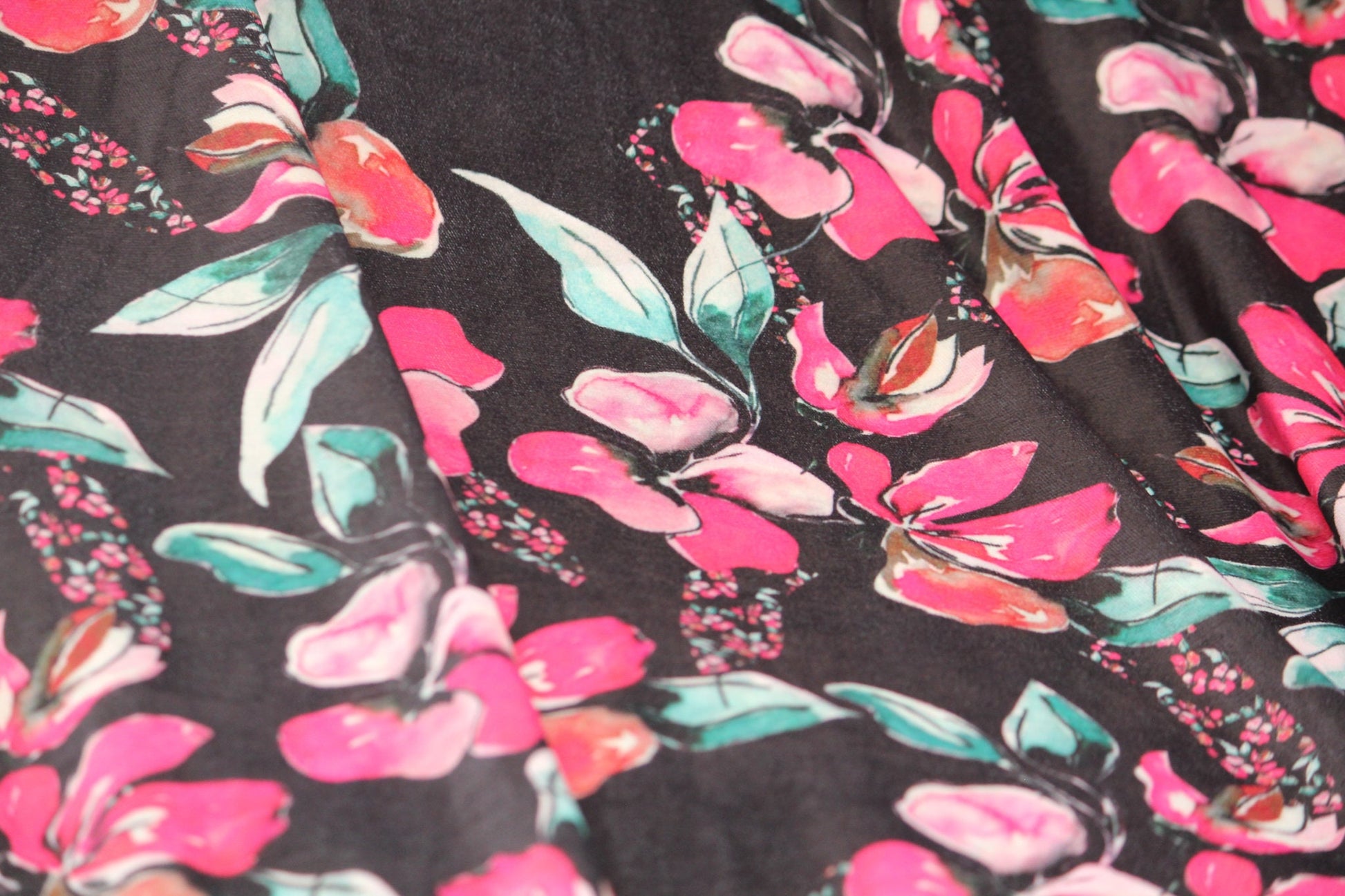 1 yard-Black floral velvet print fabric-hot pink, turquoise, green, orange watercolor flower print- bridal luxe robe fabric