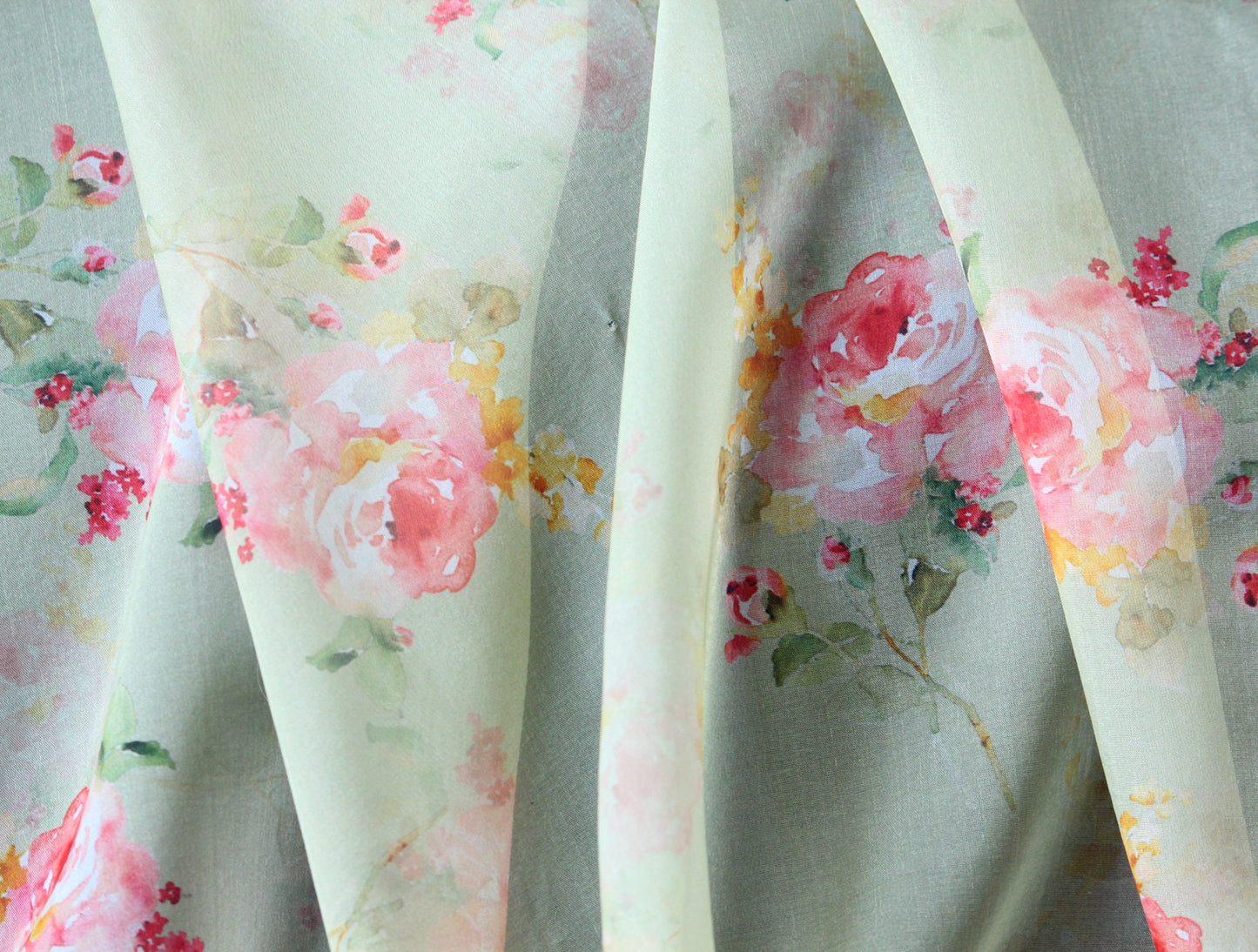 1 yard-Pistachio green organza fabric-pastel green watercolor look floral printed organza fabric-floral fabric-print Red roses-sheer fabric