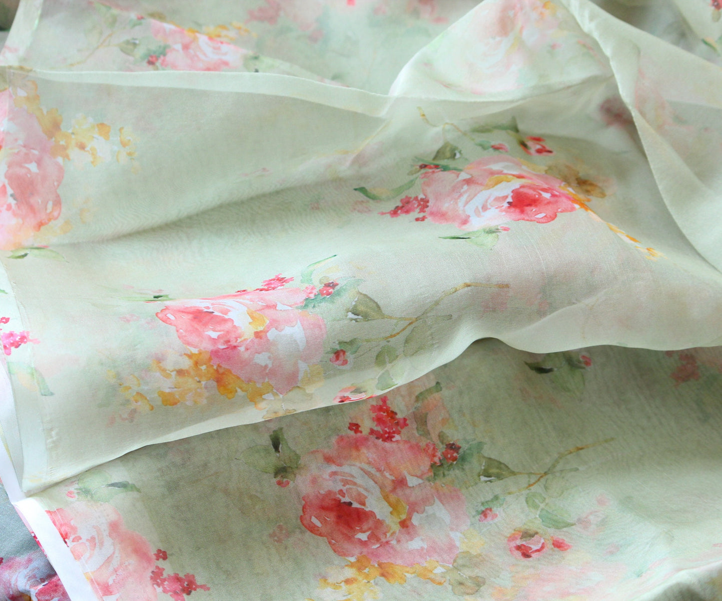 1 yard-Pistachio green organza fabric-pastel green watercolor look floral printed organza fabric-floral fabric-print Red roses-sheer fabric