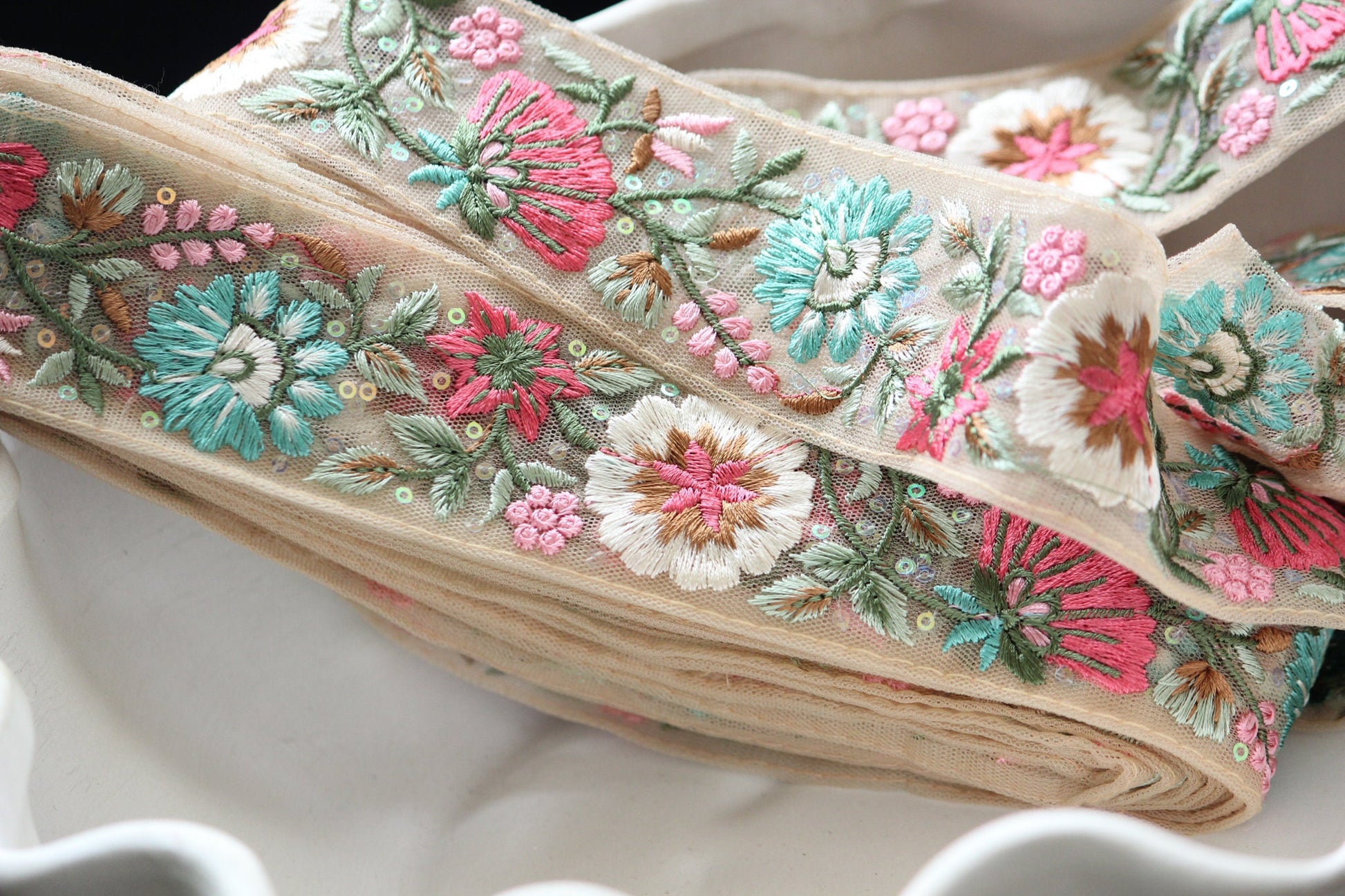1 yard-pastel flower thread embroidery on mesh nude ribbon-aqua, pink, red, green, brown and sequin highlights, decorative ribbon
